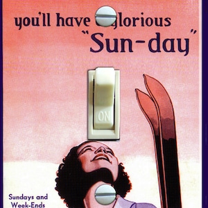May include: A vintage travel poster advertising the "Snow Train" of the Boston and Maine Railroad. The poster features a woman in a purple ski outfit looking up at the sky with a light switch in the background. The text reads "you'll have glorious "Sun-day" Sundays and Week-Ends from the North Station."
