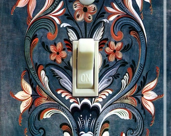 Cubierta de placa de interruptor Rosemaling azul marino, interruptor de luz, placa de pared, individual, doble, decoración del hogar