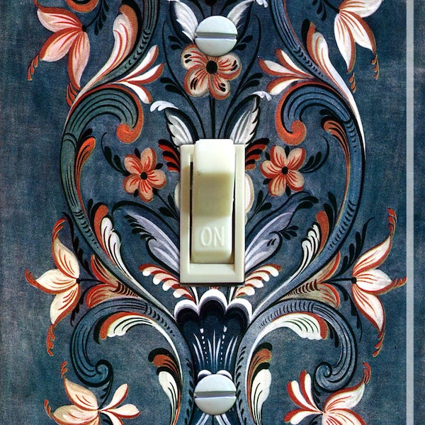 Cubierta de placa de interruptor Rosemaling azul marino, interruptor de luz, placa de pared, individual, doble, decoración del hogar