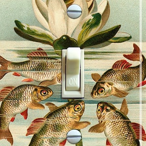 KOI and FROG Vintage Illustration, Switch Plate Cover, Wall Plate, Single/Double, Home Decor