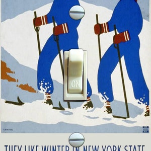 May include: A vintage travel poster advertising winter activities in New York State. The poster features two people cross-country skiing in a snowy landscape. The text reads "They like winter in New York State. The state that has everything."
