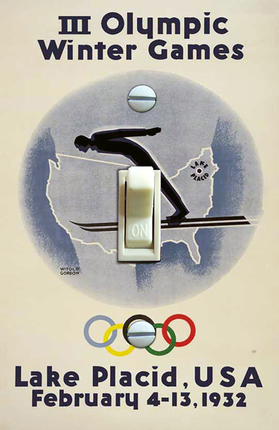 1932 Lake Placid Winter Olympics Vintage Poster, Switch Plate