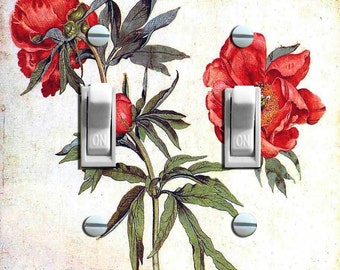 Vintage Red Peonies Illustration, Switch Plate Cover, Wall Plate, Double/Triple, Home Decor