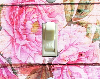 Distressed Aged Painted Faux Wood and Pink Floral Light Switch Plate, Switch Plate Cover, Wall Plate, Home Decor Style 3