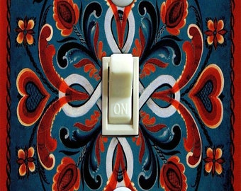 Cubierta de placa de interruptor de Rosemaling azul marino y rojo, interruptor de luz, placa de pared, individual, doble, decoración del hogar