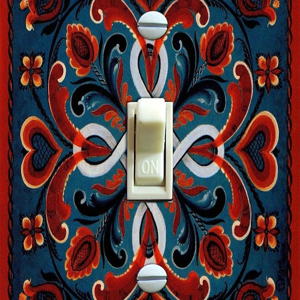 Navy Blue & Red Rosemaling Switch Plate Cover, Light Switch, Wall Plate, Single,Double, Home Decor