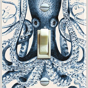 Vintage Blue Octopus Illustration, Switch Plate Cover, Wall Plate, Home Decor