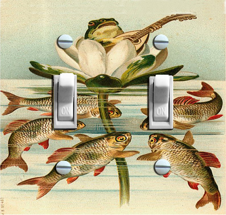 KOI and FROG Vintage Illustration, Switch Plate Cover, Wall Plate, Single/Double, Home Decor Double