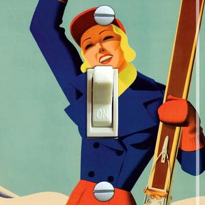 May include: A vintage travel poster for New Hampshire featuring a woman in a red hat, blue jacket, and red trousers holding a pair of skis. The poster has a blue background with white text that reads "NEW HAMPSHIRE".