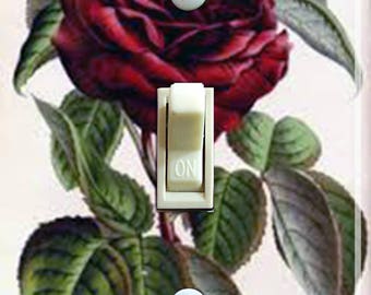 Deep Red Rose Vintage IlIustration, Decorative Switch Plate Cover, Wall Plate, Double, Home Decor