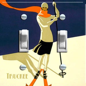 May include: A vintage-style illustration of a skier in a white outfit and orange scarf, skiing down a snowy slope. The image is set against a blue background and features the word "TRUCKEE" in a yellow font. The image is designed for a light switch cover.