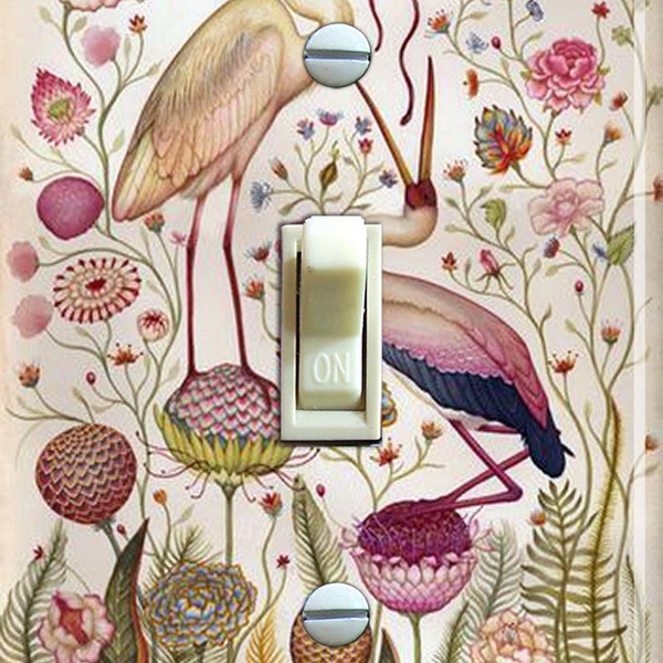 Vintage Cranes & Flowers Illustration, Switch Plate Cover, Wall Plate, Single, Home Decor