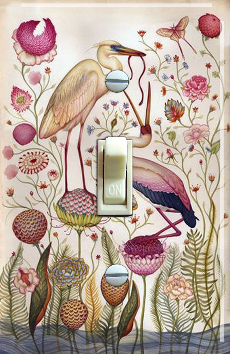 Vintage Cranes & Flowers Illustration, Switch Plate Cover, Wall Plate, Single, Home Decor image 1