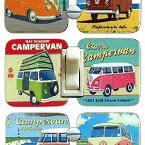 May include: Six vintage-style light switch covers featuring illustrations of classic Volkswagen camper vans. Each cover has a different design and color scheme, with text that reads "Campervans", "Bay Window Campervan", "Classic Campervan", "1963 Split Screen Camper", and "Camperwun Holidays".