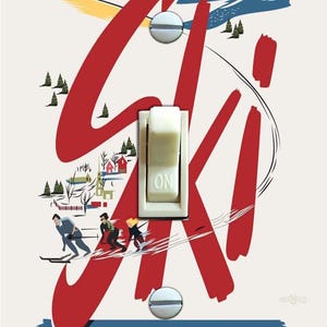 May include: A white light switch cover with a red and white graphic of skiers on a mountain slope. The graphic says "Ski New Hampshire".