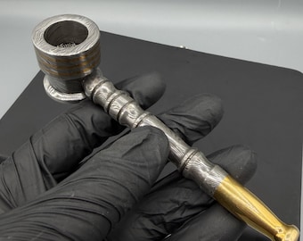 Handmade Damascus Steel Smoke Pipe Brass Line Chillum Tobacco Pipe Mesh Gauze Filter Fathers Gift