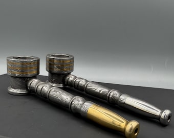 Handmade Damascus Steel Smoke Pipe Set, Retirement Gift Brass Line Set of 2 Chillum Tobacco Pipe Mesh Gauze Filter