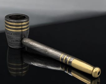 Handmade Damascus Steel Smoke Pipe Brass Line Chillum Tobacco Pipe Mesh Gauze Filter EDC Gift