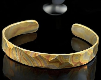 Handcrafted Mokume Gane Cuff Bracelet Viking Modern Jewelry Diamond Cut Pattern Bangle for him