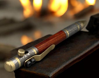 Handmade Damascus Steel Pen & Ballpoint Gift, Luxury Wood Pen with Brass Accents, Bolt Action Pen, Retirement, Boss or Executive Gift