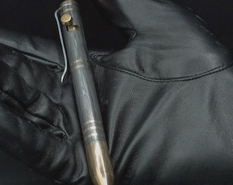 Hand Forged Damascus Steel Bolt-Action Pen, Brass Accents, Pocket Clipper