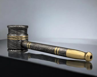 Damascus Steel Smoke Pipe Brass Tobacco Pipe Unique Hand Chillum Mesh Gauze Filter EDC Gift for Him