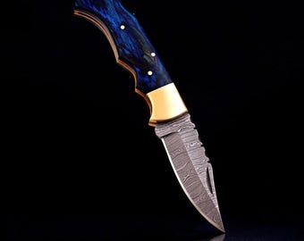 Handmade Damascus Folding Knife, Pakka Blue Handle, Leather Sheath