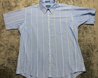Towncraft Button Up Shirt Mens Large Blue Striped Short Sleeve Wrinkle Free