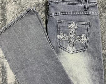 Ten25 Bootcut Jeans Womens 7/8 Grey Rhinestone Cross Embellished Y2K Low Rise