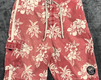 Abercrombie & Fitch Board Shorts Mens 36 Red Floral Hibiscus Vintage Surf Cargo