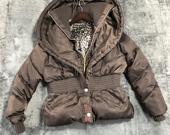 Baby Phat Vintage Y2K Brown Puffer Jacket Leopard Lining Large Hood 292-092793