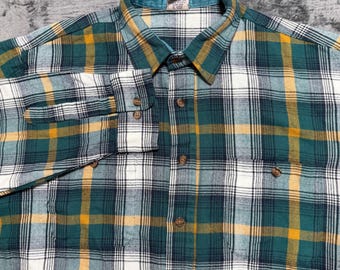 Windridge Flannel Shirt Mens L Green Yellow Plaid Long Sleeve Button Down VTG