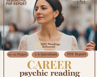 Op de afbeelding: Een digitale afbeelding voor een carrière-paragnost-service met de tekst Detailed Insightful PDF Report, 500+ Readings Delivered, 10-12 Pages, 5-6 Questions, PDF Report, Career psychic reading, Same Day en het logo DH.