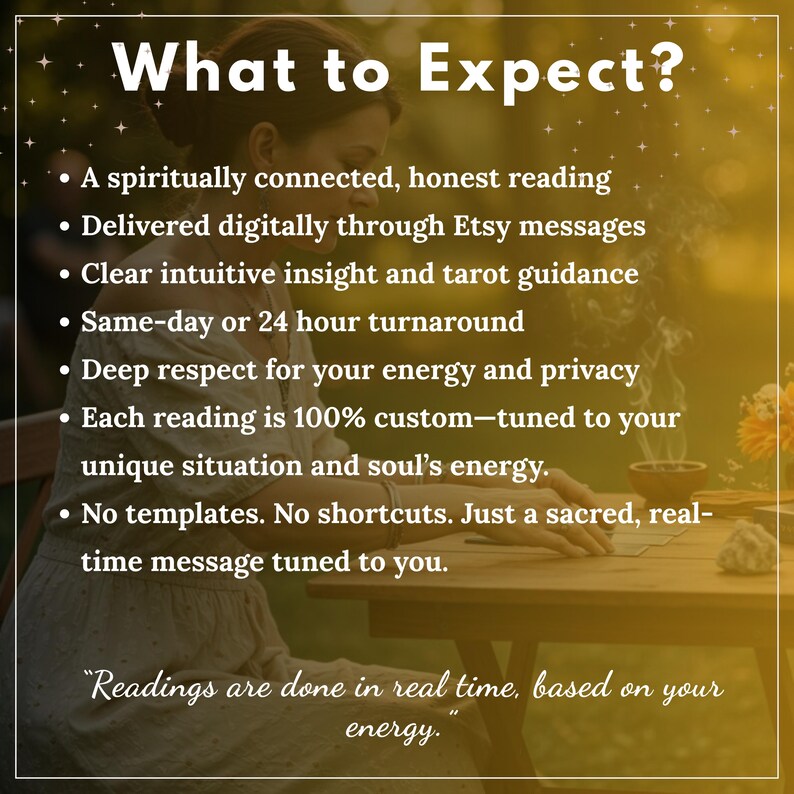 May include: A digital graphic with the white text What to Expect? followed by a list of services including a spiritually connected reading, digital delivery, intuitive tarot guidance, same-day turnaround, and custom real-time messaging.