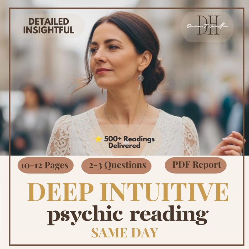 May include: A digital graphic for a deep intuitive psychic reading service featuring a person in a white lace top. Text includes DETAILED INSIGHTFUL, 500+ Readings Delivered, 10-12 Pages, 2-3 Questions, PDF Report, DEEP INTUITIVE psychic reading, SAME DAY.