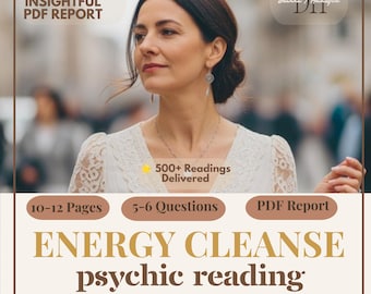 Op de afbeelding: Een digitale afbeelding voor een psychische reading service voor energiereiniging. De tekst bevat: DETAILED INSIGHTFUL PDF REPORT, 500+ Readings Delivered, 10-12 Pages, 5-6 Questions, PDF Report, ENERGY CLEANSE psychic reading, SAME DAY en het logo DH Dianna T Hamilton.