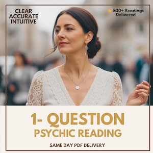 Pode incluir: Uma mulher em um vestido de renda branco, com um colar e brincos de prata. A imagem inclui o texto "Clear Accurate Intuitive" e "1- Question Psychic Reading". A imagem também indica "500+ Readings Delivered" e "Same Day PDF Delivery".