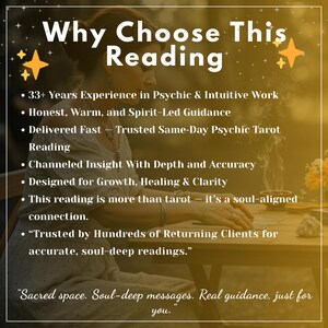 May include: A promotional graphic titled Why Choose This Reading featuring a list of services including 33+ years of experience, psychic and intuitive work, honest guidance, same-day tarot readings, channeled insight, and soul-aligned connections.