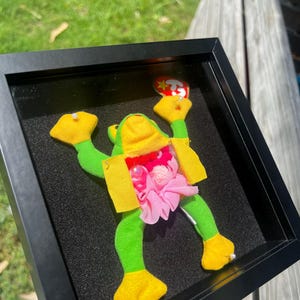 May include: A green and yellow plush frog toy displayed inside a black shadow box frame. The frog features a red and pink floral-like embellishment on its chest, secured with pins. A small red and yellow heart-shaped tag is attached to one hand.