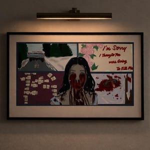 Puede incluir: Obra de arte enmarcada con un borde oscuro, que representa una ilustración de estilo cómic. La obra presenta a una mujer con lágrimas de sangre, un coche en una carretera y el texto "I'm Sorry I Thought You were Going To Kill Me."