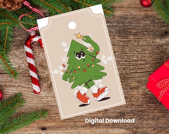 May include: A tan gift tag with a cartoon Christmas tree character holding a star wand. The tree wears red shoes and has a string of lights. The words "Digital Download" are at the bottom.