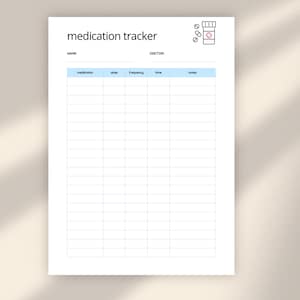 Pode incluir: Uma folha branca de rastreamento de medicamentos com o texto medication tracker no topo, um ícone de frasco de comprimidos com uma cruz vermelha e campos para nome e médico. Abaixo, uma linha de cabeçalho azul claro lista as colunas.
