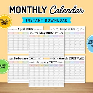 Op de afbeelding: Een maandelijkse kalenderset voor 2027 met 12 pagina's voor het volledige jaar. Elke pagina toont een raster met een zondag als startdag, pastelkleurige kopteksten voor de dagen van de week en vakantie-iconen. Tekst bevat MONTHLY Calendar, INSTANT DOWNLOAD, 2027 DATE SUNDAY START, 12 PAGES ONE FULL YEAR en HOLIDAY ICONS.