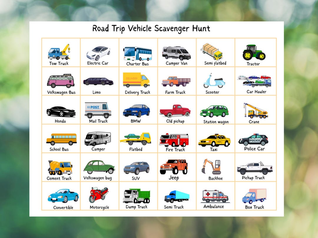 Vehicle Scavenger Hunt Printable, Travel Car Game for Kids, Road Trip ...