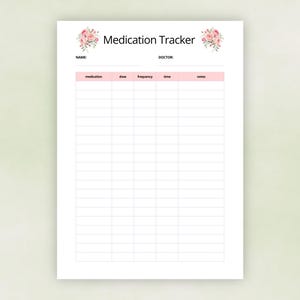 Può includere: Un foglio di carta bianco per il monitoraggio dei farmaci con un design floreale di rose rosa negli angoli superiori. L'intestazione recita Medication Tracker, con campi per Name e Doctor. Una tabella include colonne per medication, dose, frequency, time e notes.