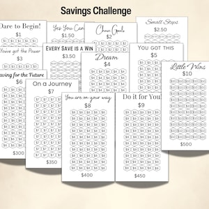 May include: A collection of printable savings challenges with various amounts, including "Dare to Begin!" for $1, "Chase Goals" for $2, and "Little Wins" for $10. Each card features a different design and savings goal, with a total savings amount listed.