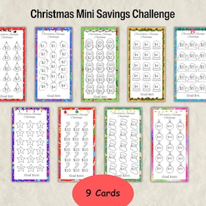 May include: Nine rectangular Christmas Mini Savings Challenge cards featuring festive borders and various icons like trees, ornaments, penguins, snow globes, hats, stars, candy canes, and stockings with dollar amounts and specific savings goals.