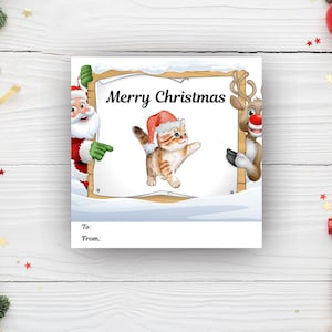 Printable Merry Christmas Cat Gift Tags | Printable Holiday Favor Tag | Festive Cats Christmas Tags