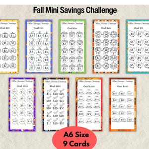 May include: Nine rectangular A6 size Fall Mini Savings Challenge cards with colorful borders and seasonal icons like pumpkins, apples, acorns, leaves, and sweaters. Each card features a specific dollar goal and icons labeled with various dollar amounts.