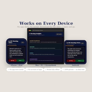 May include: A digital display showcasing a mobile app interface, with the text "Works on Every Device." The interface is displayed on a tablet and two mobile devices, with the app name "NW Meeting Notes" visible. The design is dark blue and white.